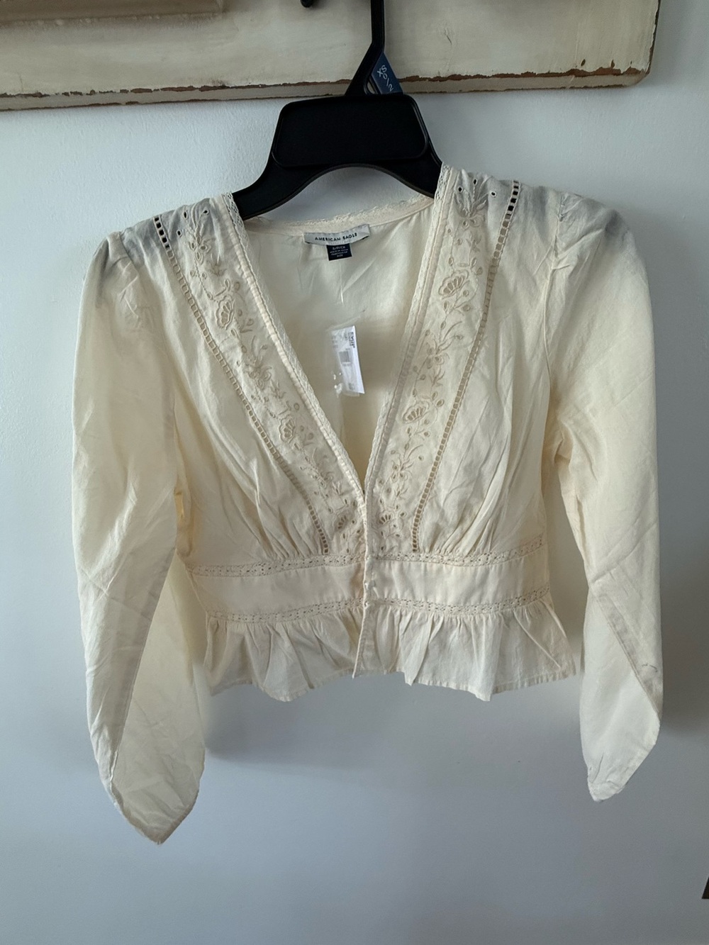 American Eagle Cream Embroidered V-Neck Peplum Blouse